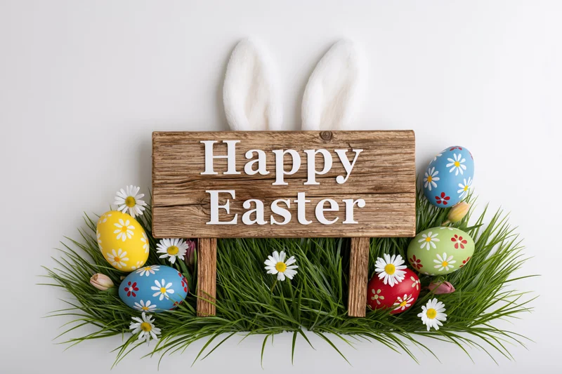 Rustic wooden sign reading happy easter propped in green grass with decorated eggs and daisies