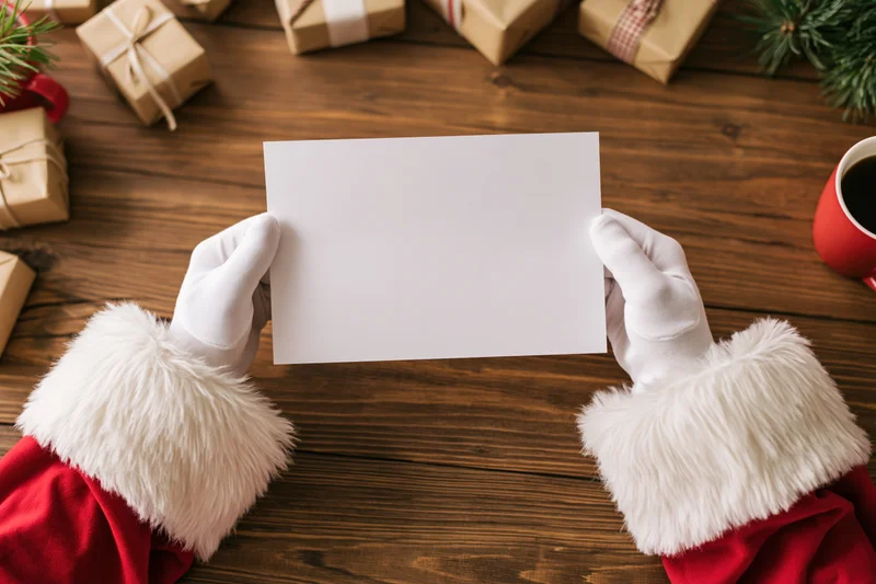 Santa hands in white gloves holding blank paper on wooden table with gifts and coffee mug