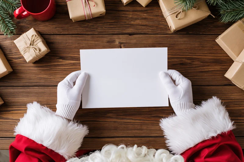 Santa's hands in white gloves holding a blank white sheet on a wooden table surrounded by wrapped gifts and pine branches