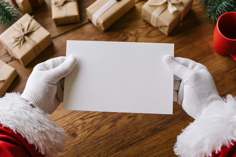 Santa hands in white gloves holding blank white sheet over wooden table with wrapped gifts and pine branches