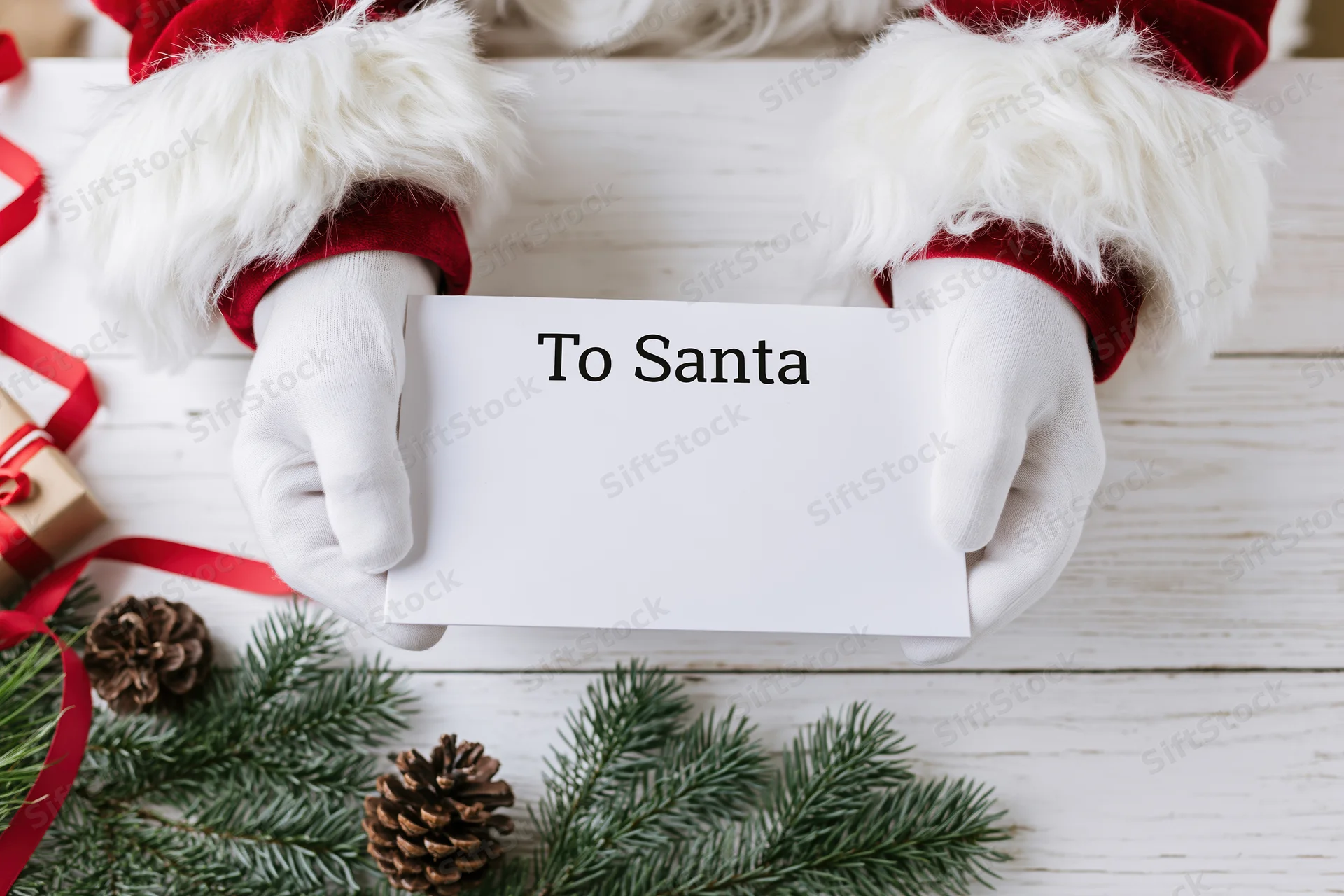 Santa's white-gloved hands holding a letter addressed to santa on a wooden table with pine branches and pinecones