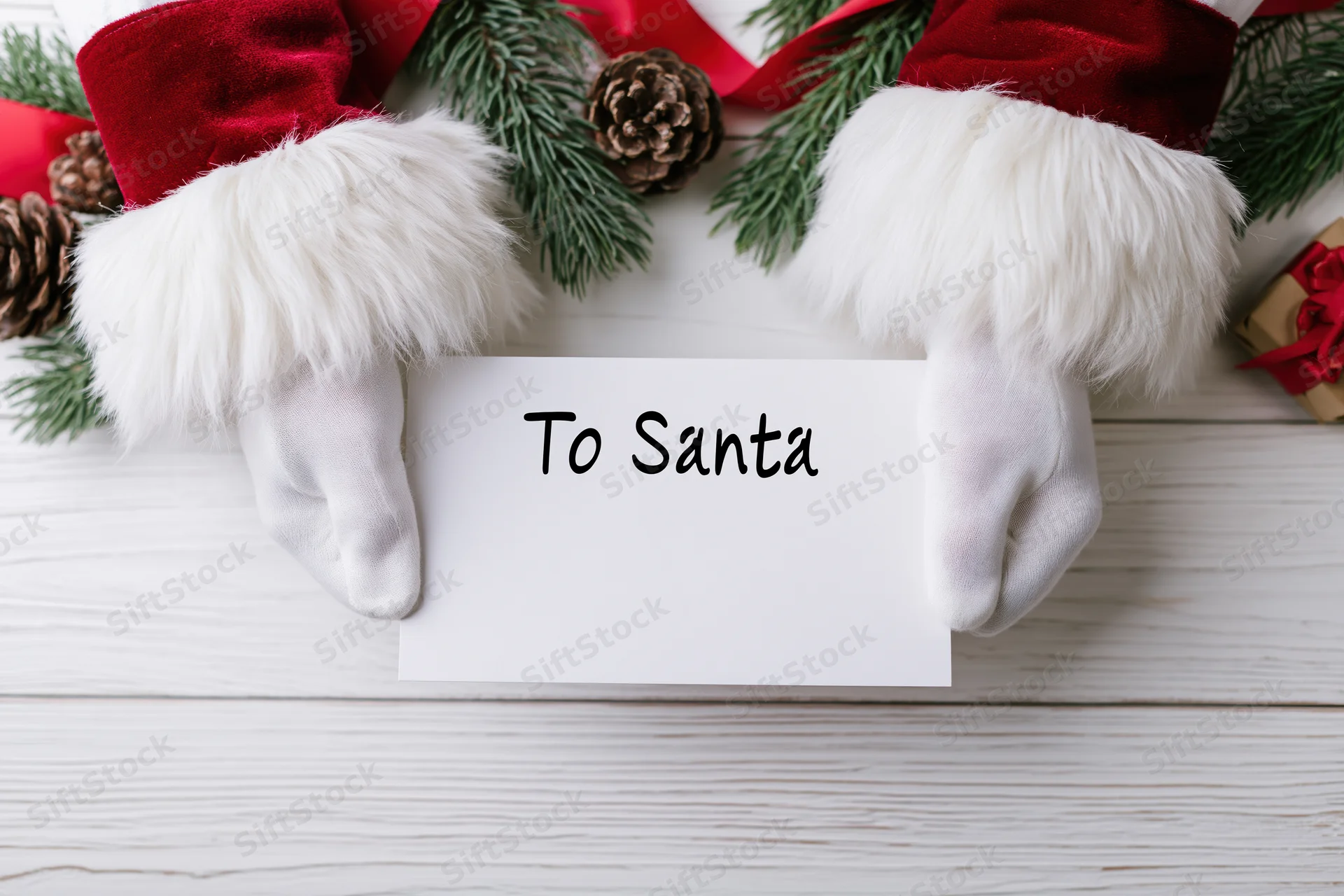 Santa's white-gloved hands holding a letter addressed to santa on a wooden surface surrounded by pine branches and pinecones