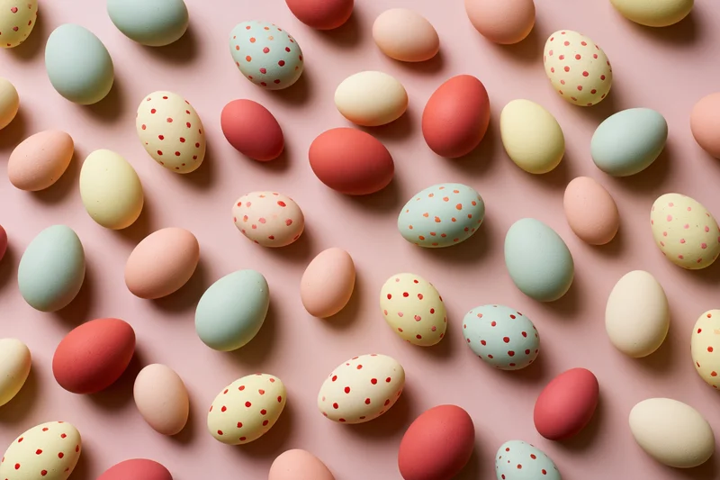 Scattered pastel easter eggs with polka dots arranged on pink surface in flat lay composition