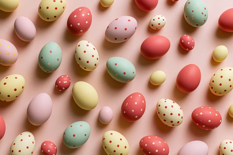 Scattered pastel easter eggs with polka dots arranged on a pink surface in flat lay style