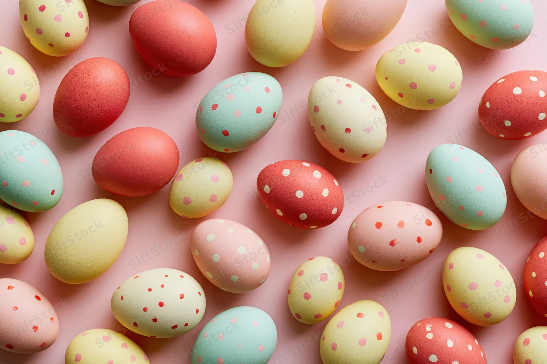 Scattered pastel easter eggs with polka dots arranged on pink surface in flat lay view