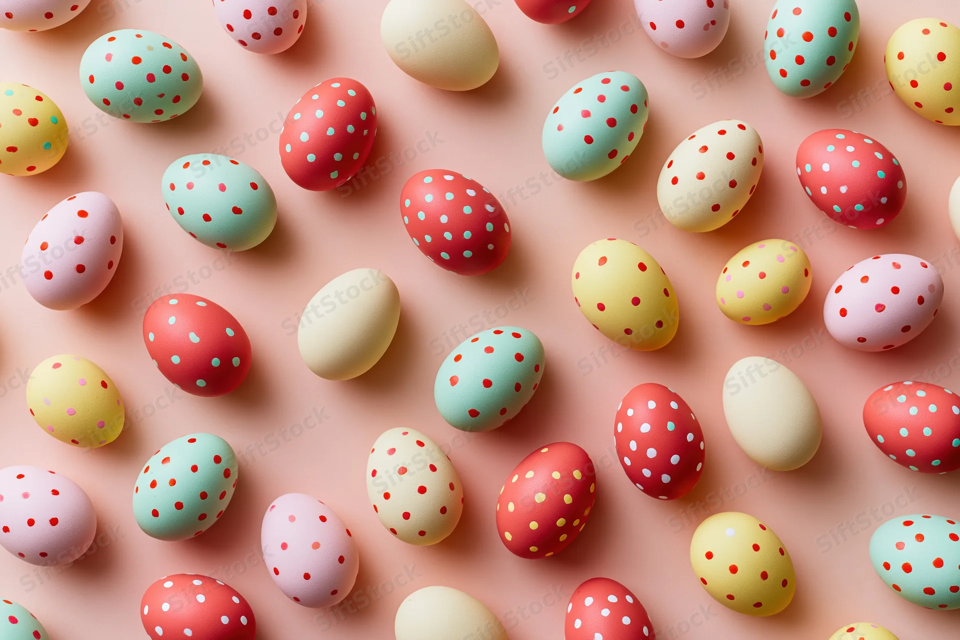 Scattered easter eggs with polka dots arranged in flat lay on pastel pink surface