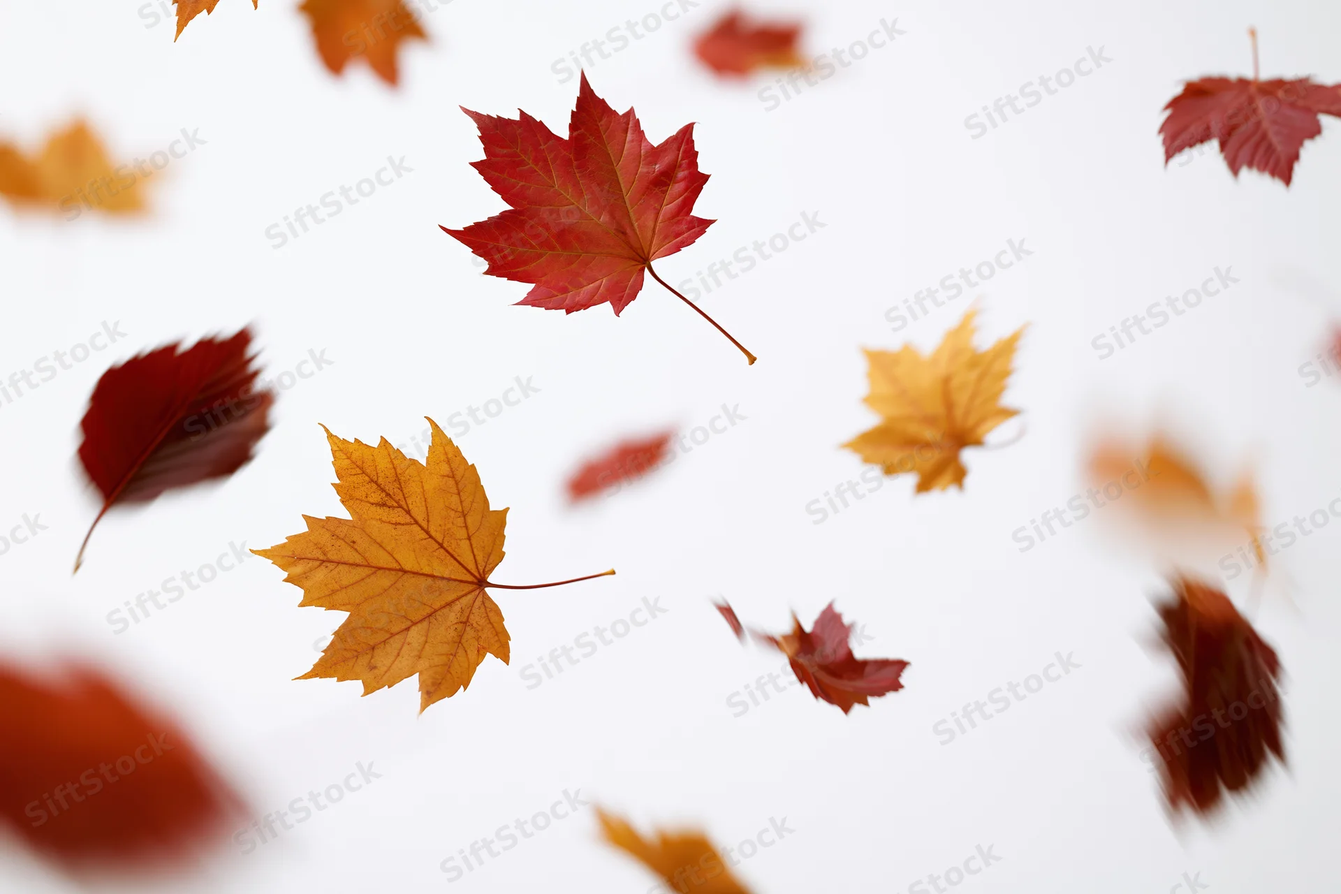 Maple leaves falling mid-air against a white background