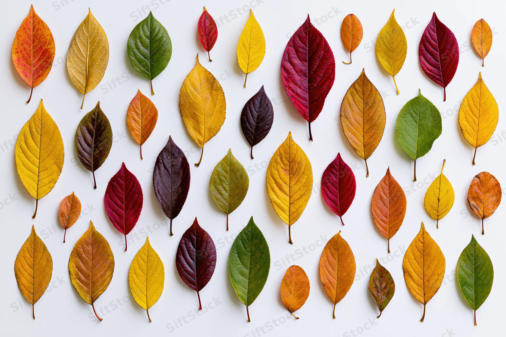 Colorful autumn leaves arranged in a flat pattern on a white surface