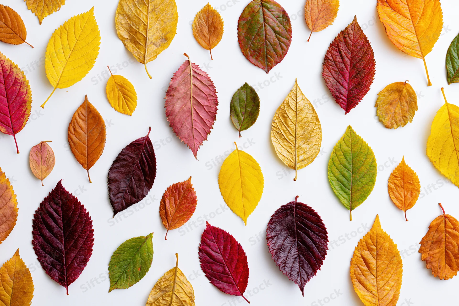 Scattered autumn leaves in various colors arranged flat on white surface