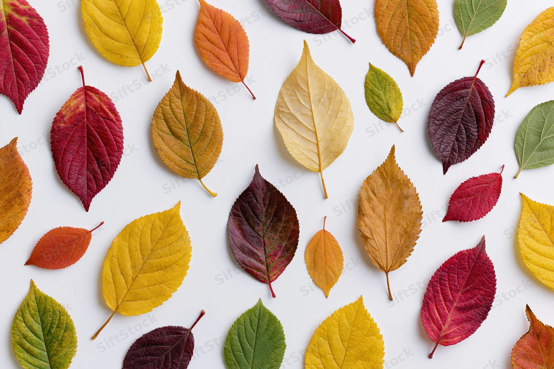 Scattered autumn leaves in various colors arranged flat on white surface