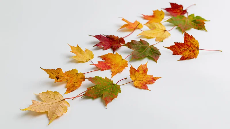 Scattered maple leaves in autumn colors arranged on white surface