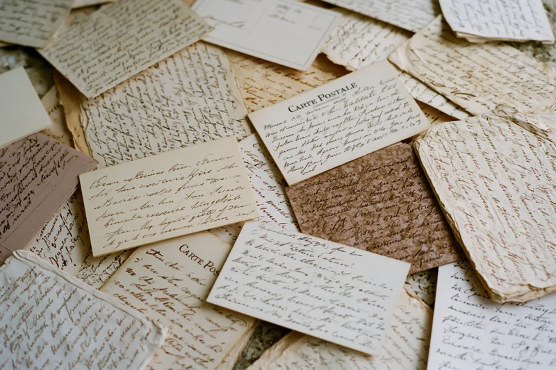 Scattered antique handwritten letters and postcards on a textured surface