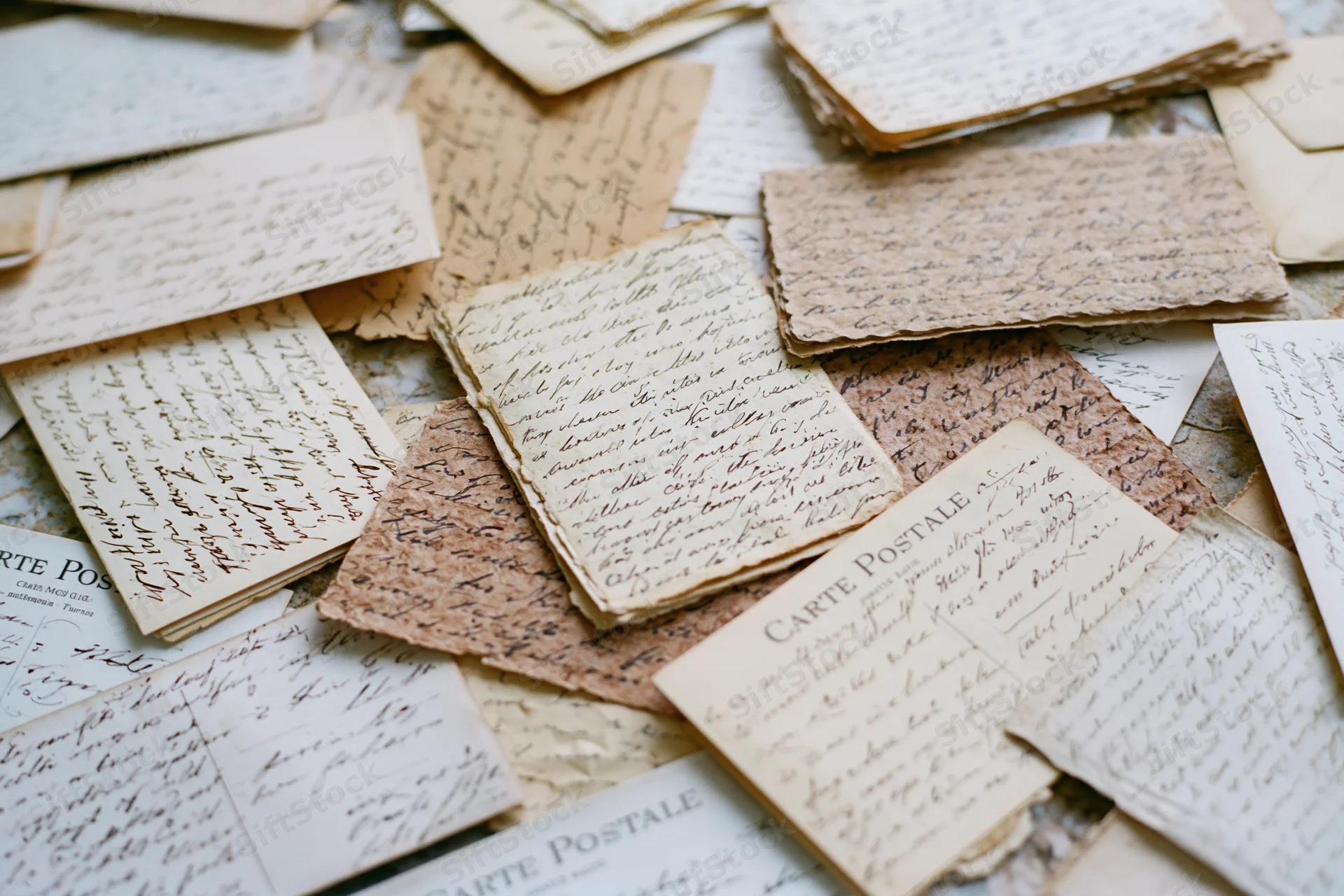 Scattered antique handwritten letters and postcards with cursive script on aged paper