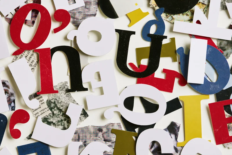 Scattered cut-out letters and punctuation marks on a white surface with printed paper fragments