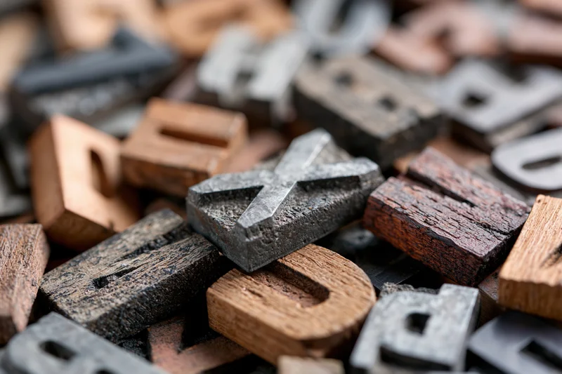 Scattered vintage letterpress type blocks in wood and metal filling the frame