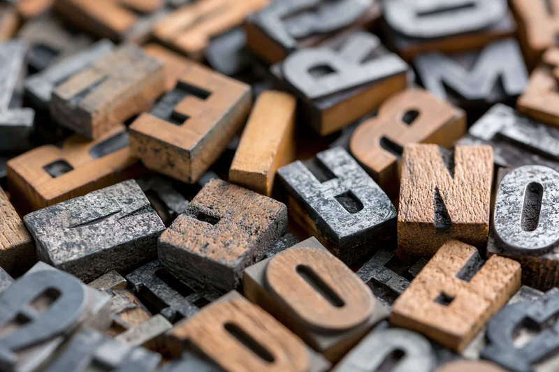 Scattered vintage letterpress type blocks filling the frame