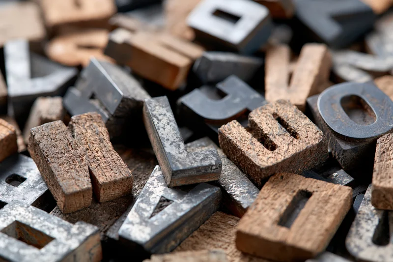 Scattered vintage letterpress type blocks in wood and metal filling the frame