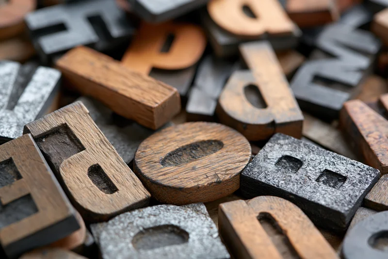 Scattered vintage letterpress type blocks in wood and metal filling the frame