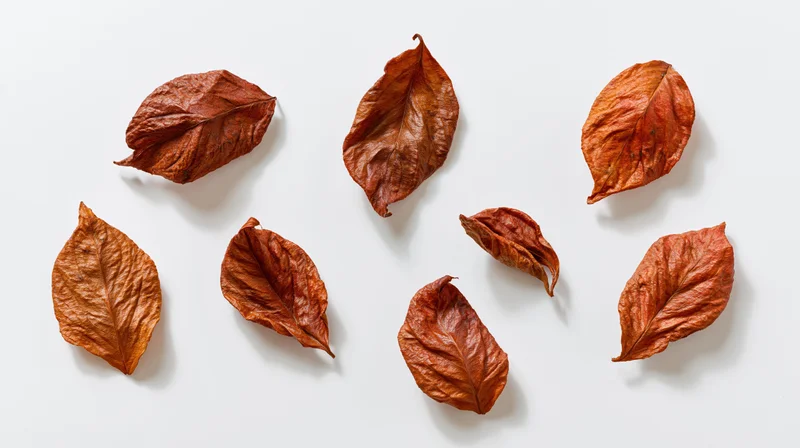 Dried autumn leaves arranged loosely on a white surface