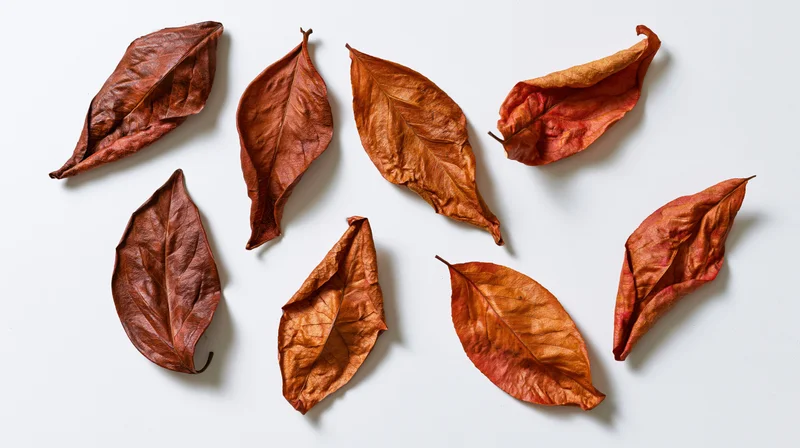Dried autumn leaves arranged on white surface
