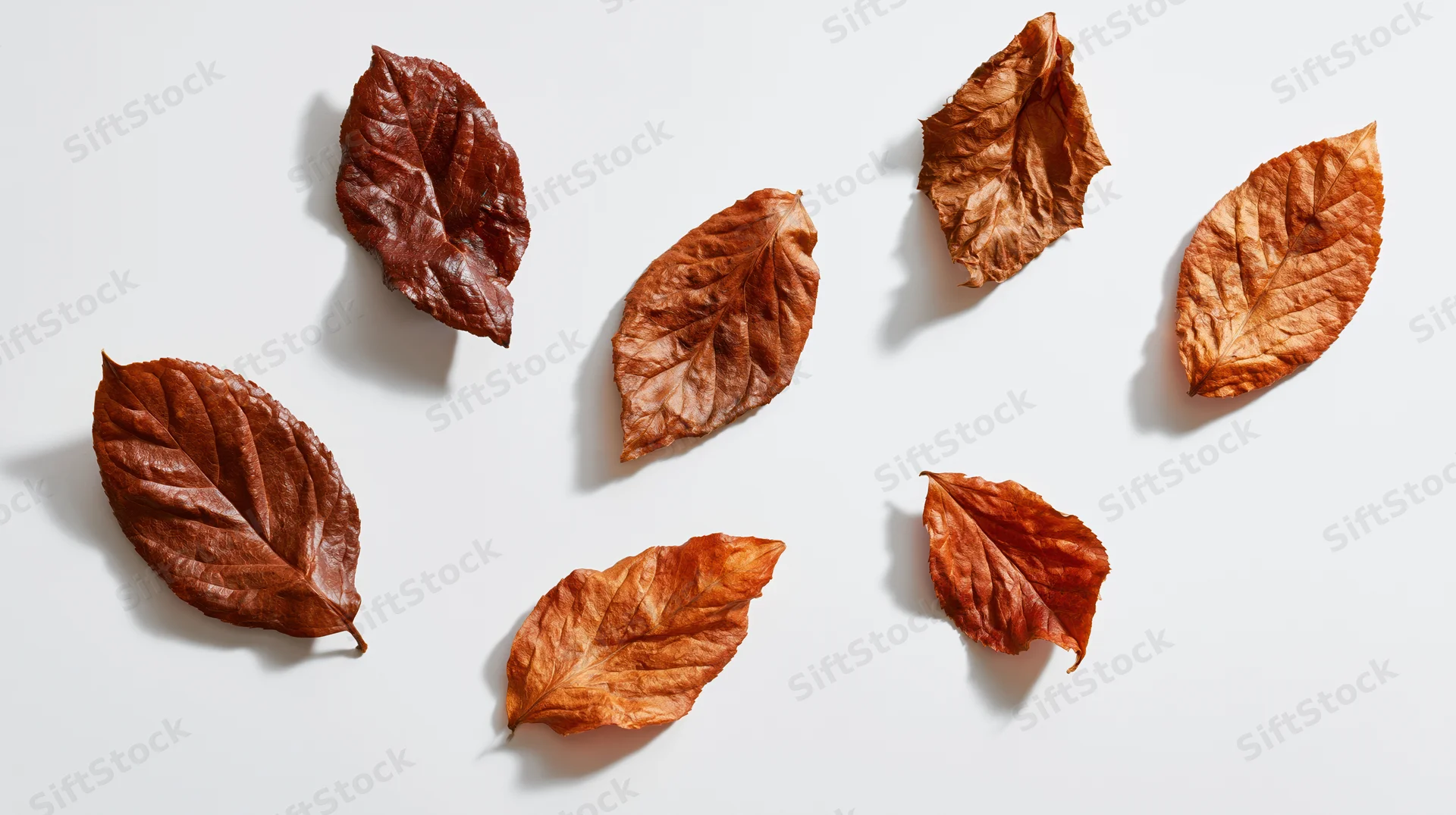 Dried autumn leaves arranged on a white surface in a flat lay composition