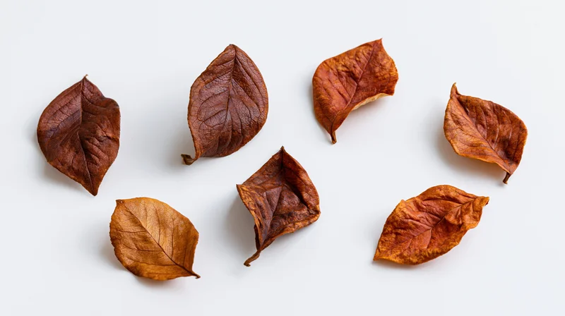 Dried autumn leaves arranged loosely on a white surface in a flat lay composition