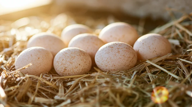 Seven pale brown speckled chicken eggs nestled in straw in a farm nest