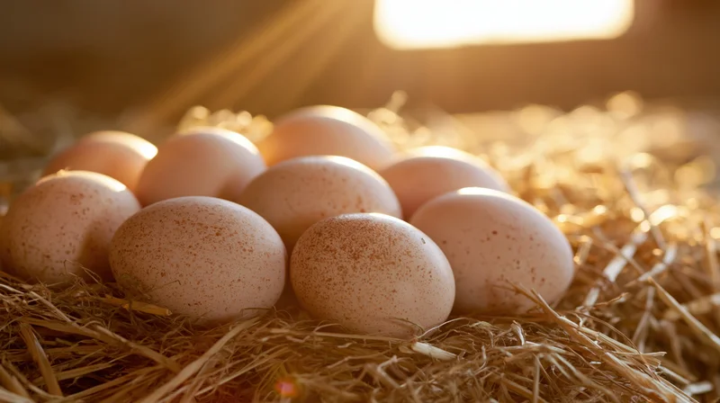 Chicken eggs resting in straw nest under warm sunlight