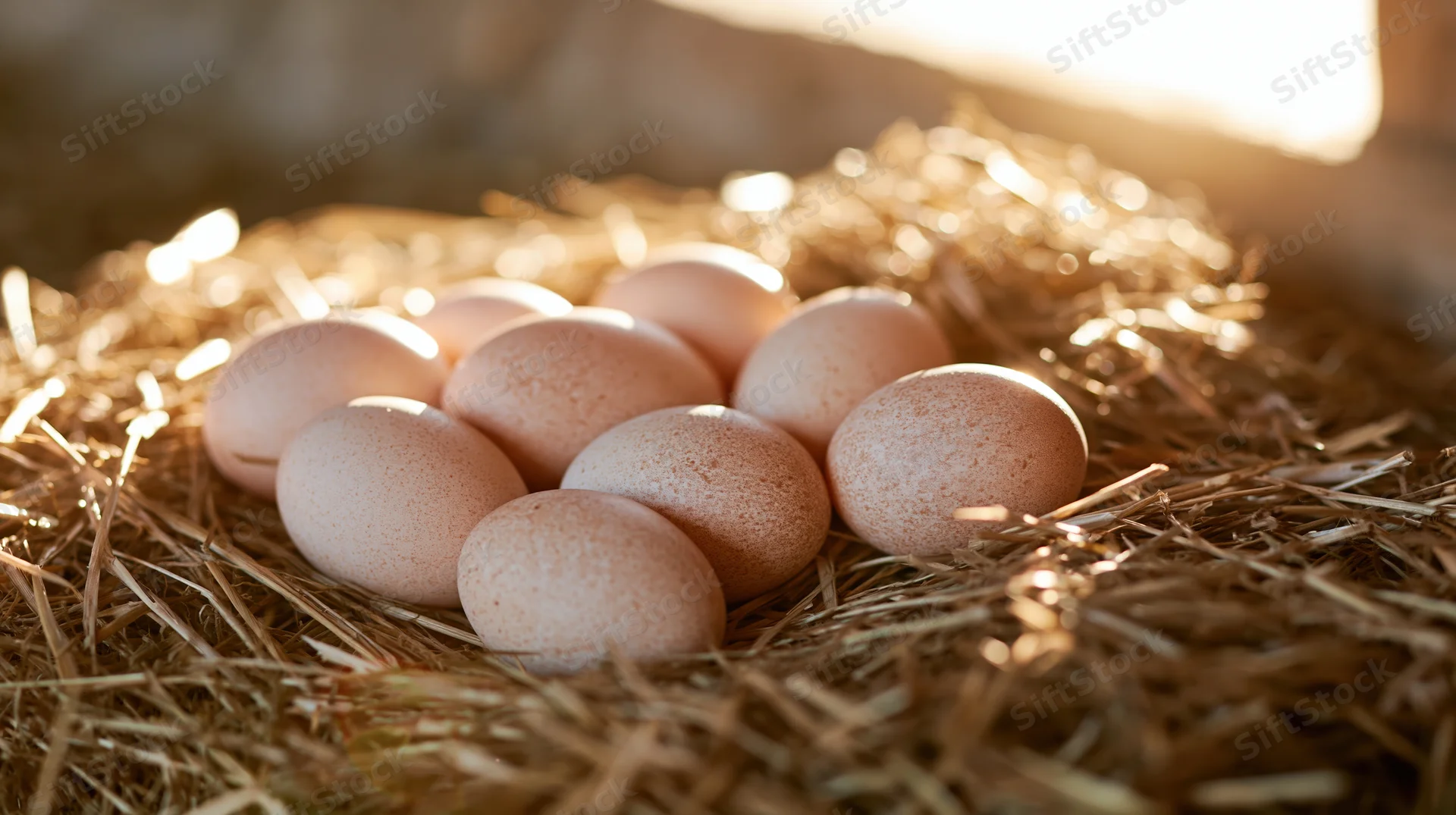 Seven pale brown speckled chicken eggs nestled in straw under warm sunlight