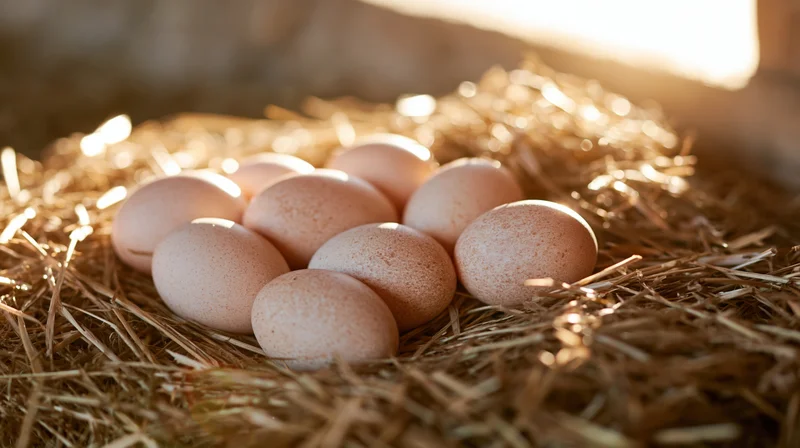 Seven pale brown speckled chicken eggs nestled in straw under warm sunlight