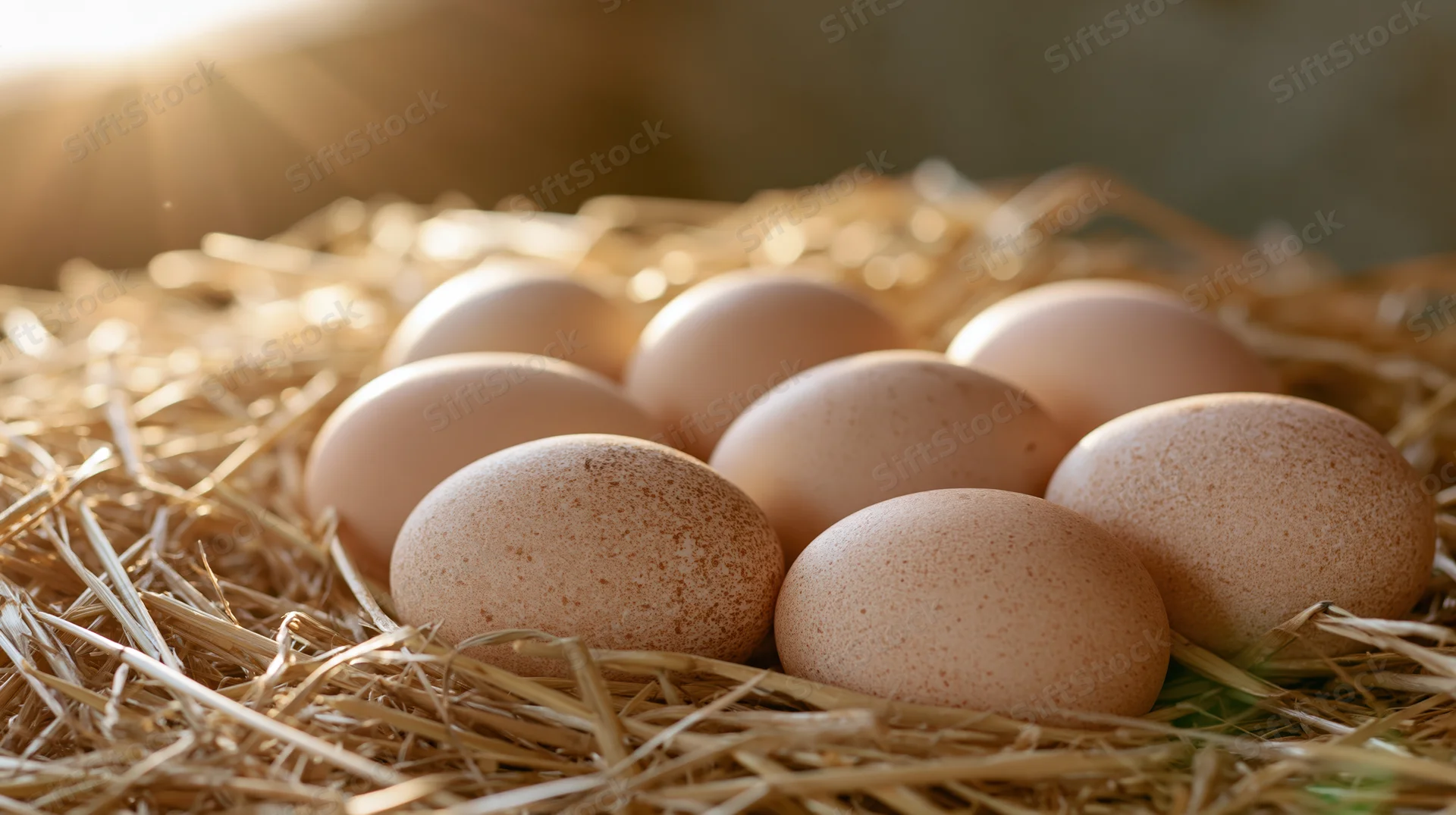 Seven pale brown speckled chicken eggs nestled in straw in a farm nest