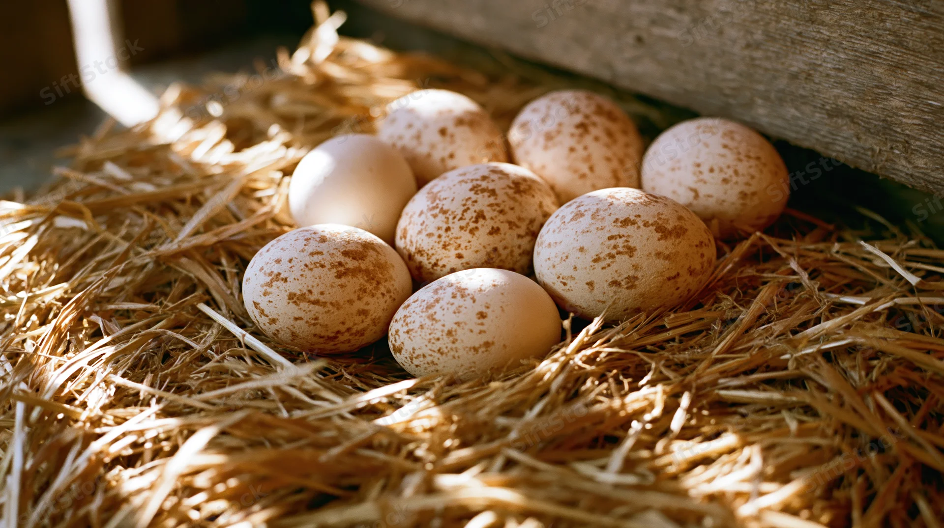 Speckled brown eggs resting in a hay nest inside a barn