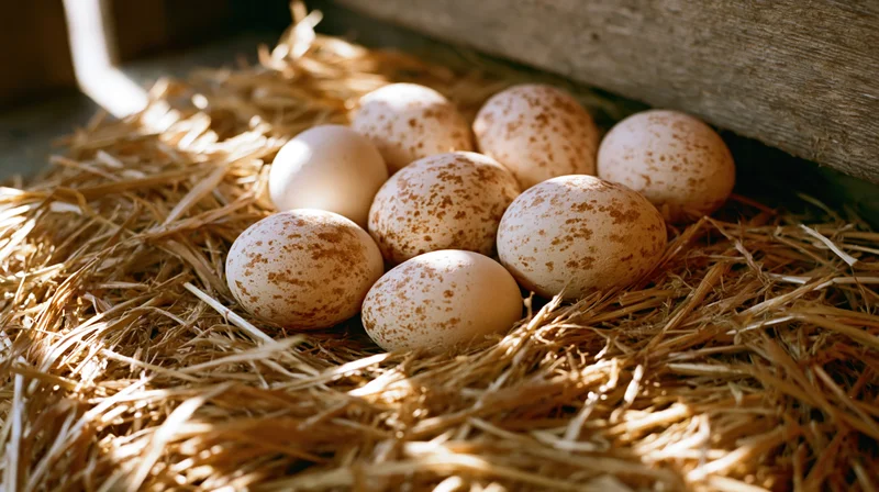 Speckled brown eggs resting in a hay nest inside a barn