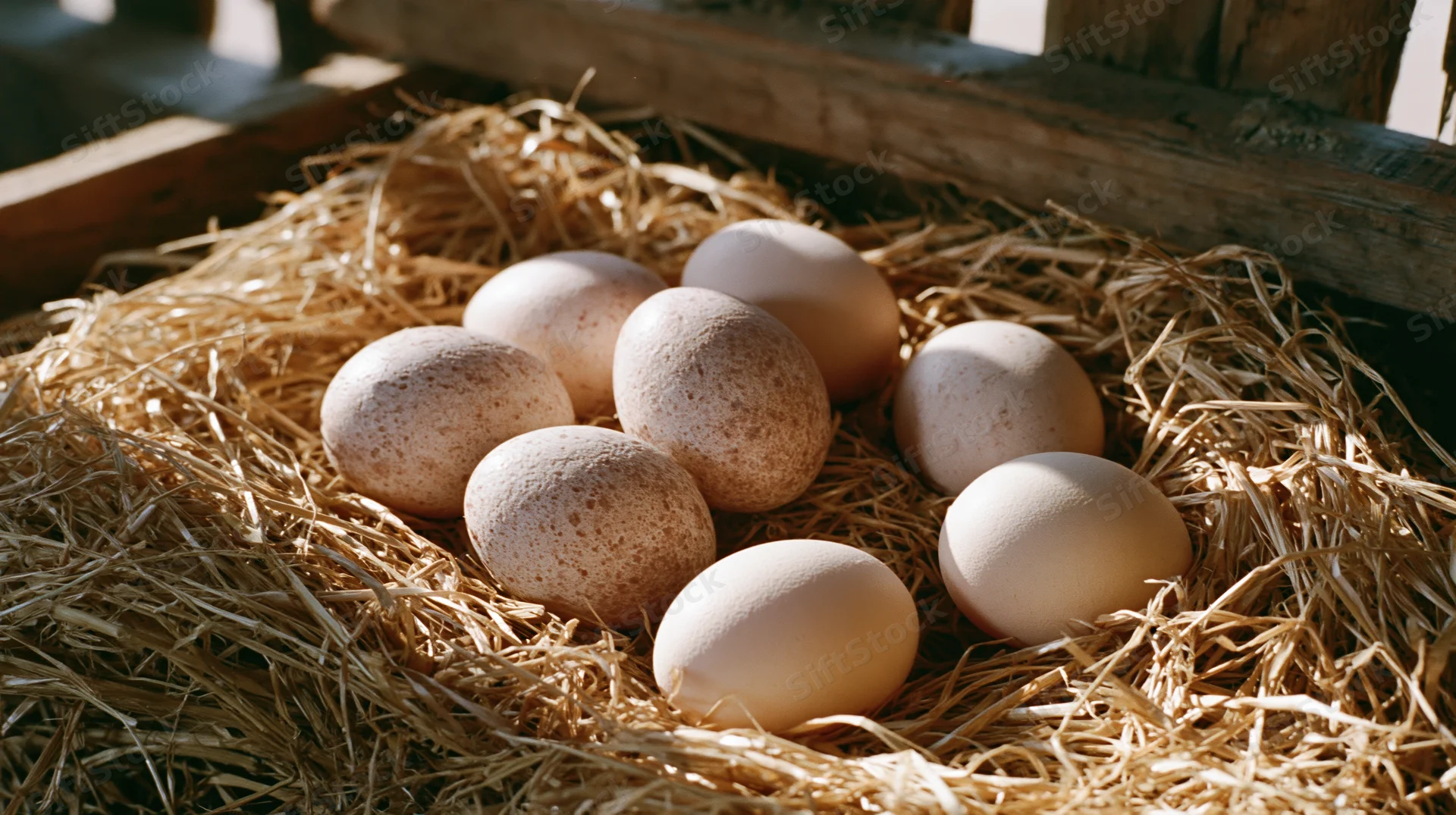Seven speckled brown eggs resting in a hay nest inside a wooden coop