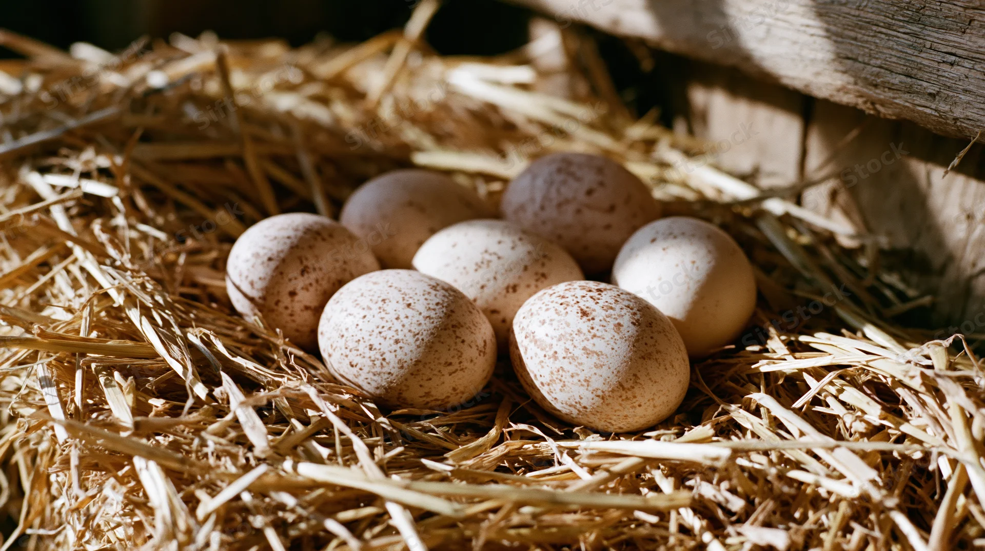 Seven speckled brown eggs resting in a hay nest inside a barn