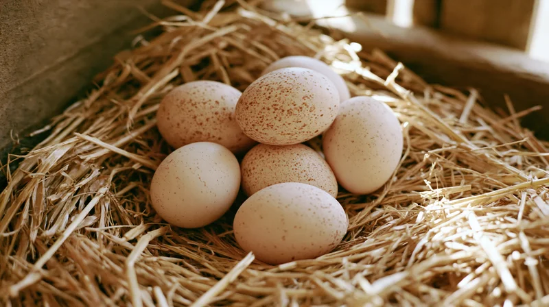 Seven speckled brown eggs resting in a hay nest inside a barn