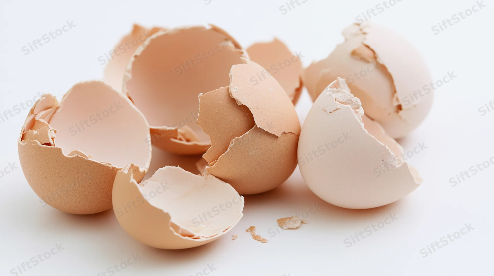 Broken brown eggshells scattered on a white surface