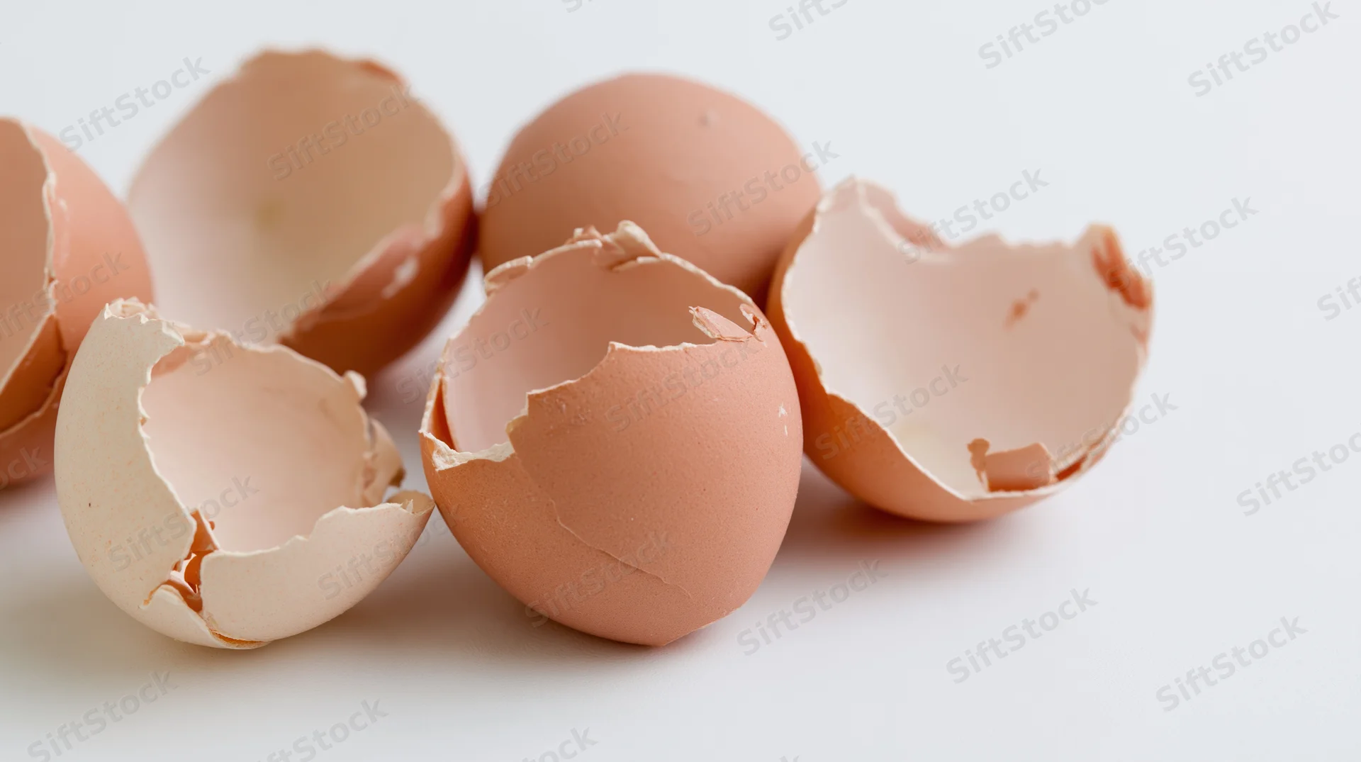 Broken brown eggshells scattered on a white surface