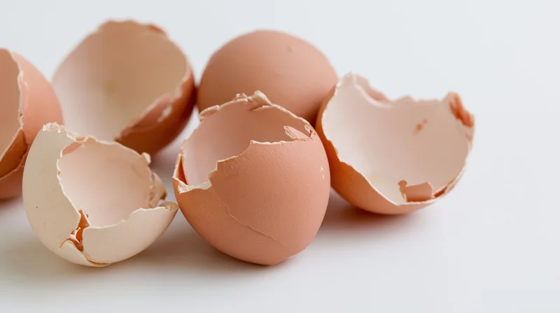 Broken brown eggshells scattered on a white surface