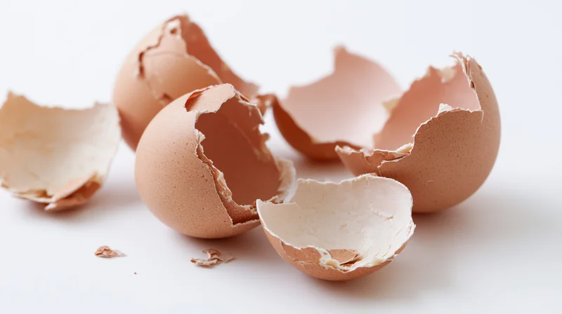 Broken brown eggshells scattered on a white surface