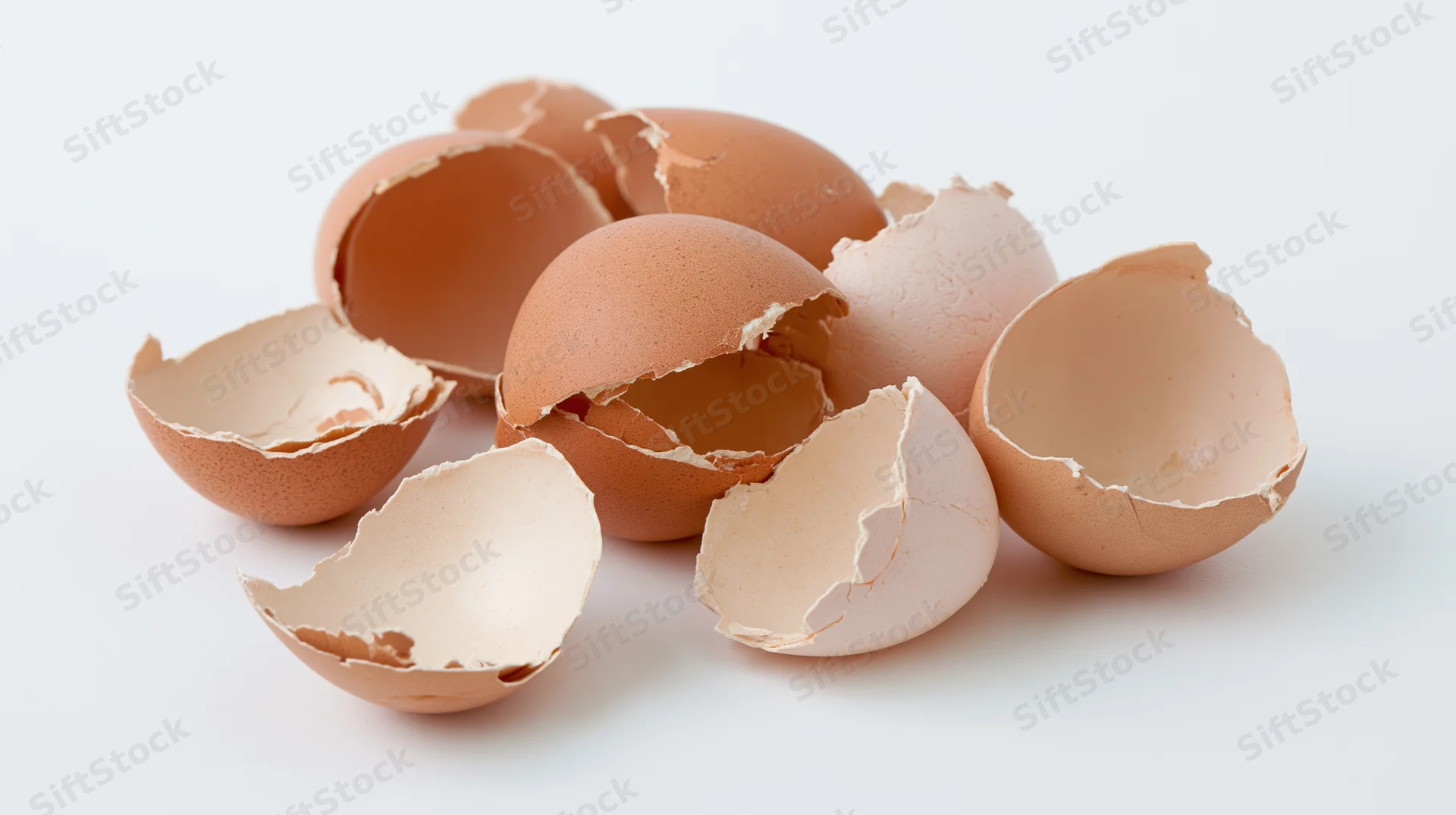 Broken brown eggshells scattered on a white surface
