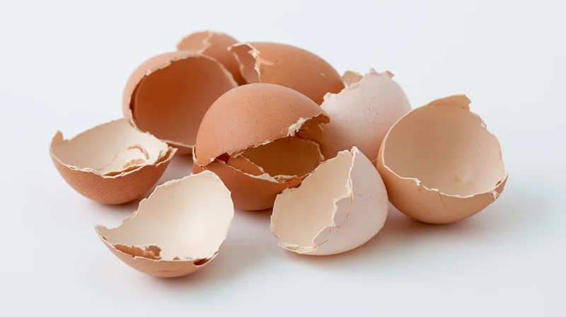 Broken brown eggshells scattered on a white surface