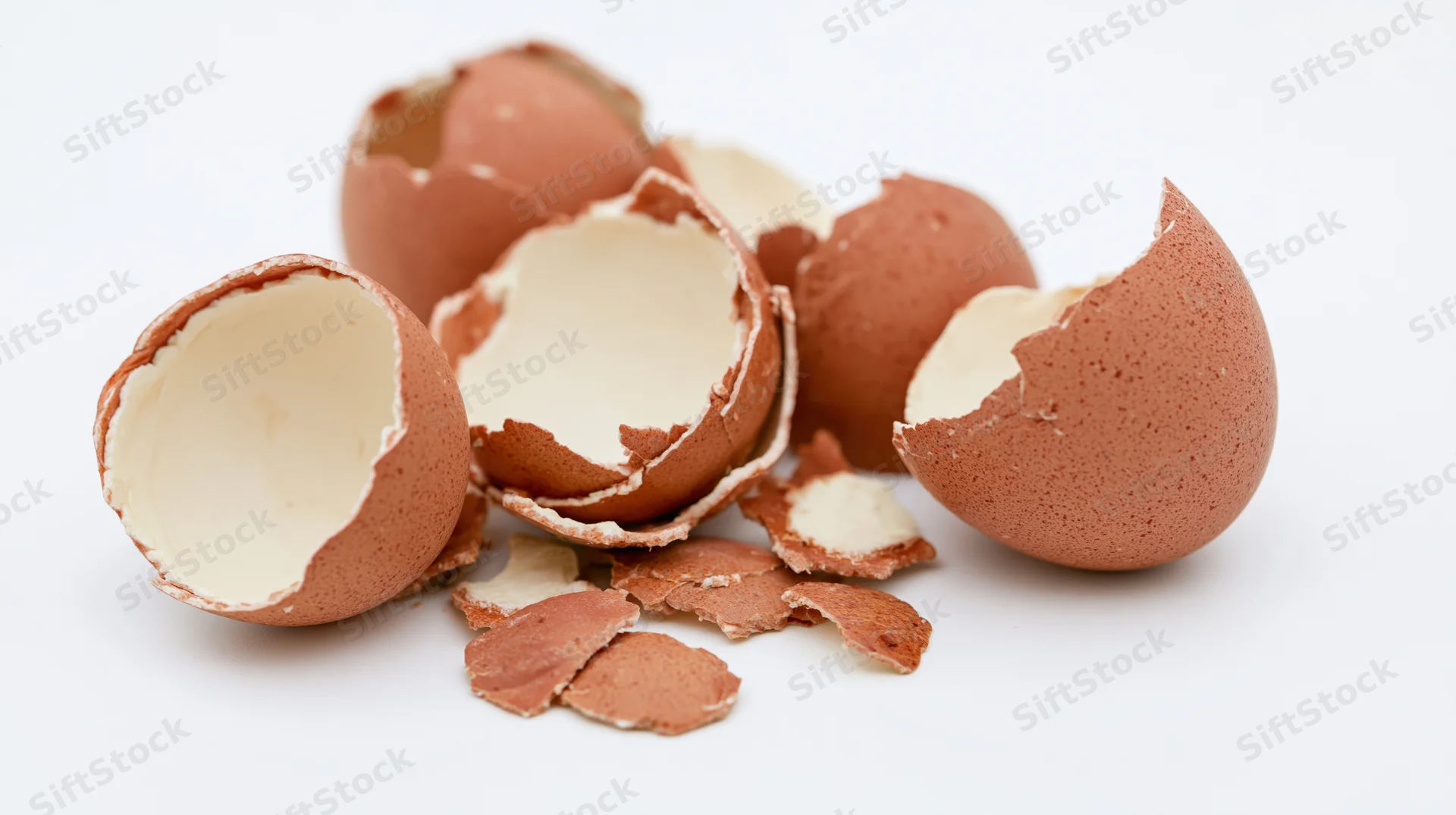 Broken brown eggshells scattered on a white surface