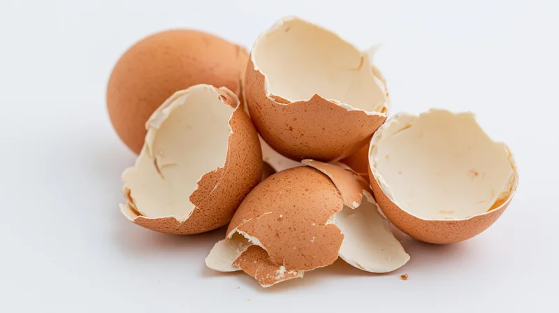 Broken brown eggshells scattered on a white surface