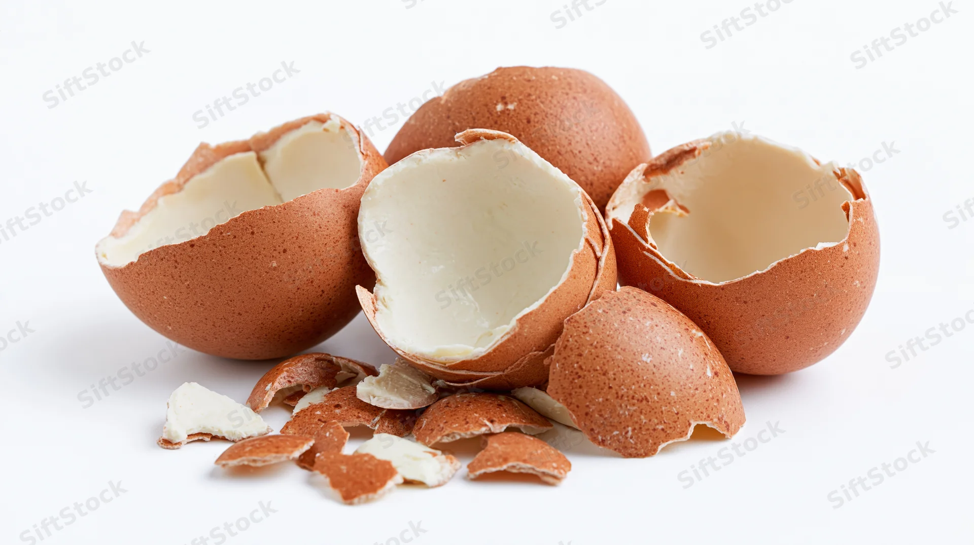 Broken brown eggshells scattered loosely on white background