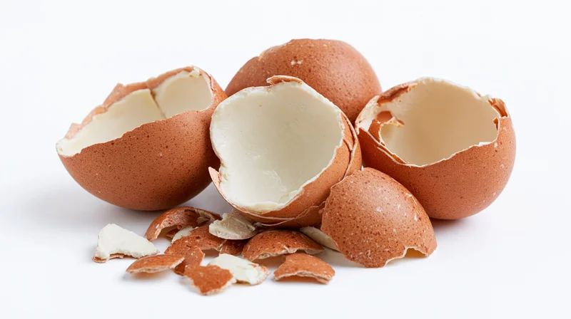 Broken brown eggshells scattered loosely on white background