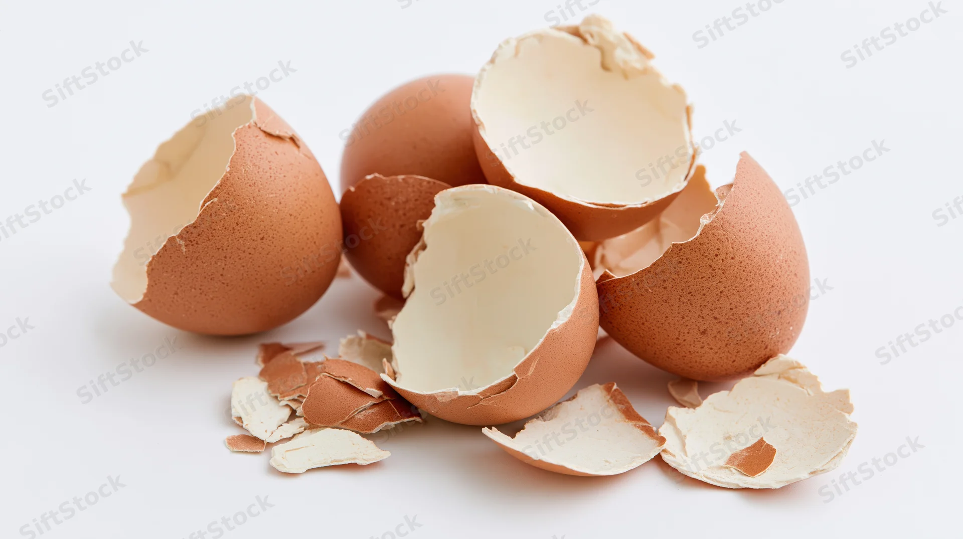 Broken brown eggshells scattered on a white surface