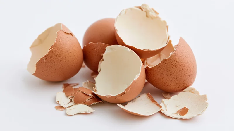 Broken brown eggshells scattered on a white surface
