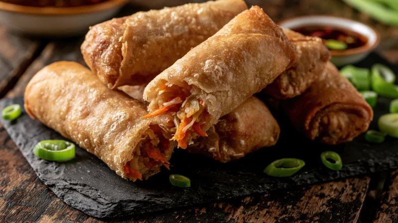Crispy fried spring rolls piled on a dark slate board with scallions and dipping sauce