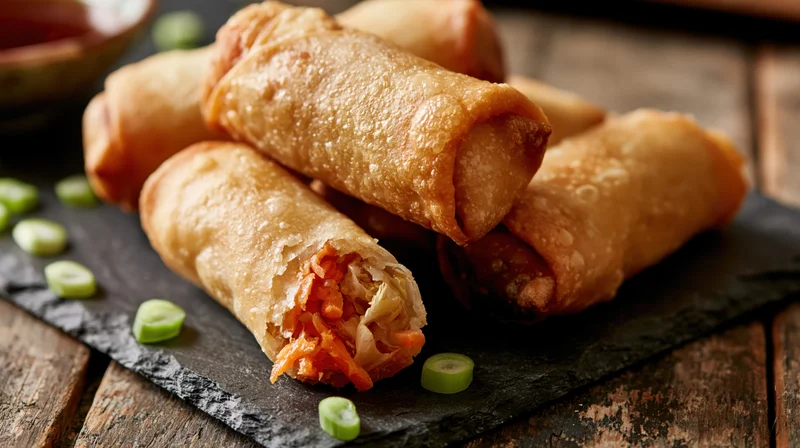 Crispy fried spring rolls piled on a dark slate board with green onion garnish
